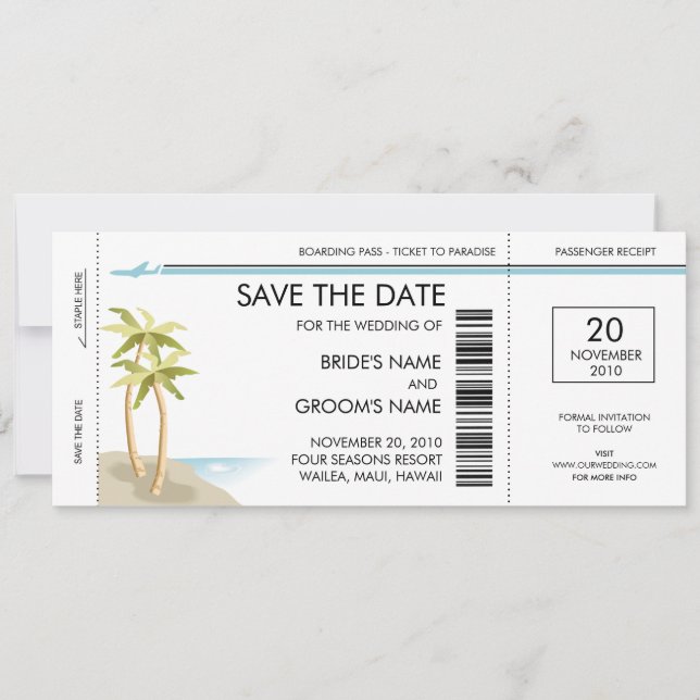 Palm Tree Boarding Pass Save the Date Invitations (Front)