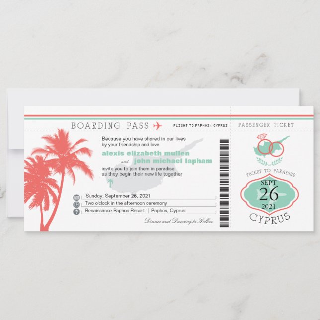Palm Tree Boarding Pass to Cyprus Wedding Invitation (Front)