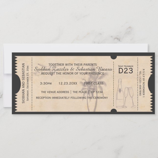 Palm Tree Boarding Pass Wedding Ticket Invitation (Front)