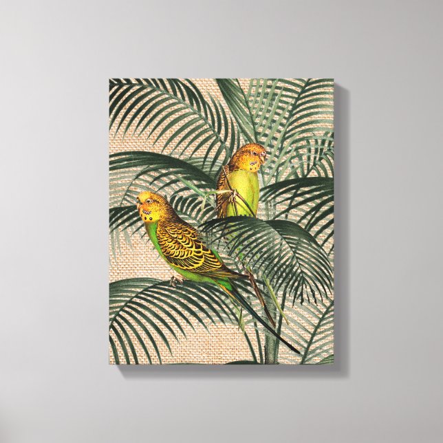 Palm Tree Budgerigar Parrot Rustic Hessian Canvas  Print (Front)