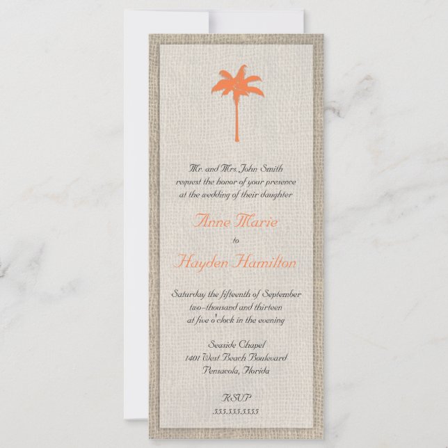 Palm Tree & Burlap Wedding Invitation - Orange (Front)