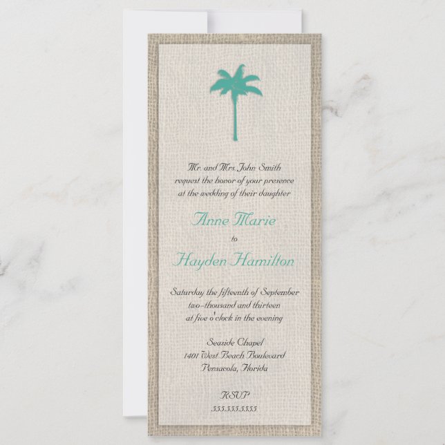 Palm Tree & Burlap Wedding Invitation - Turquoise (Front)