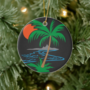 Palm Tree by the River   Tropical Sunset Art Ceramic Ornament