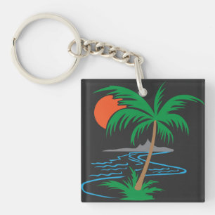 Palm Tree by the River   Tropical Sunset Art Keychain