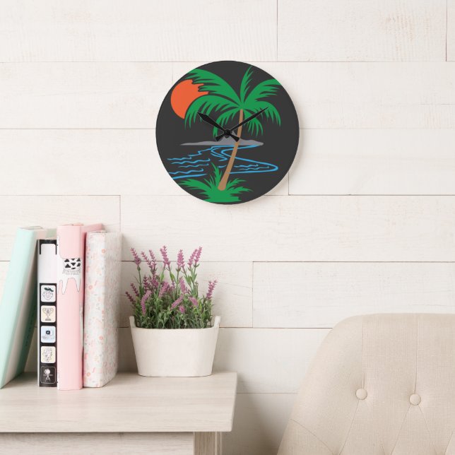 Palm Tree by the River | Tropical Sunset Art Large Clock (Reading Room)