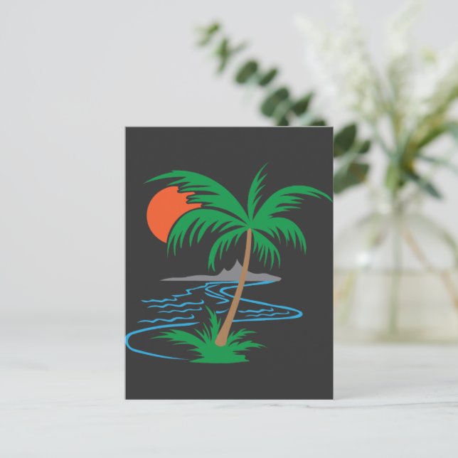 Palm Tree by the River | Tropical Sunset Art Postcard (Standing Front)