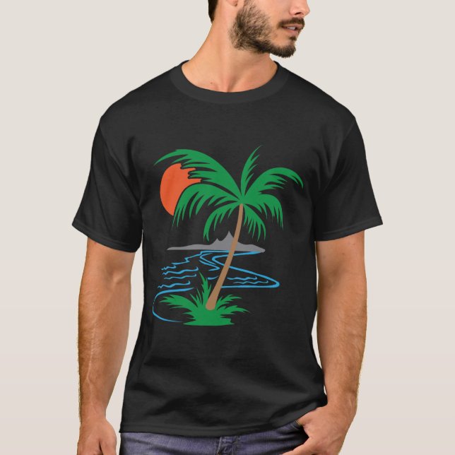 Palm Tree by the River | Tropical Sunset Art T-Shirt (Front)