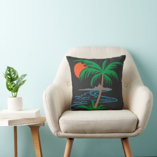 Palm Tree by the River   Tropical Sunset Art Throw Pillow