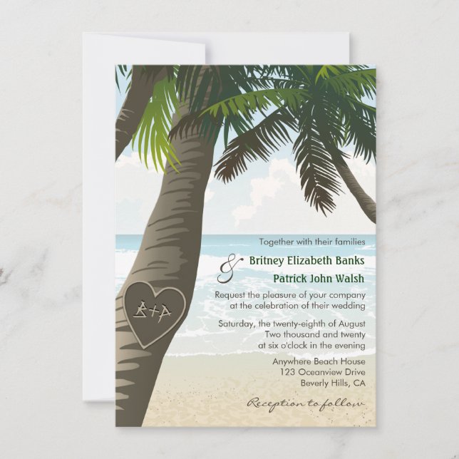 Palm Tree Carved Initials Wedding Invitations (Front)