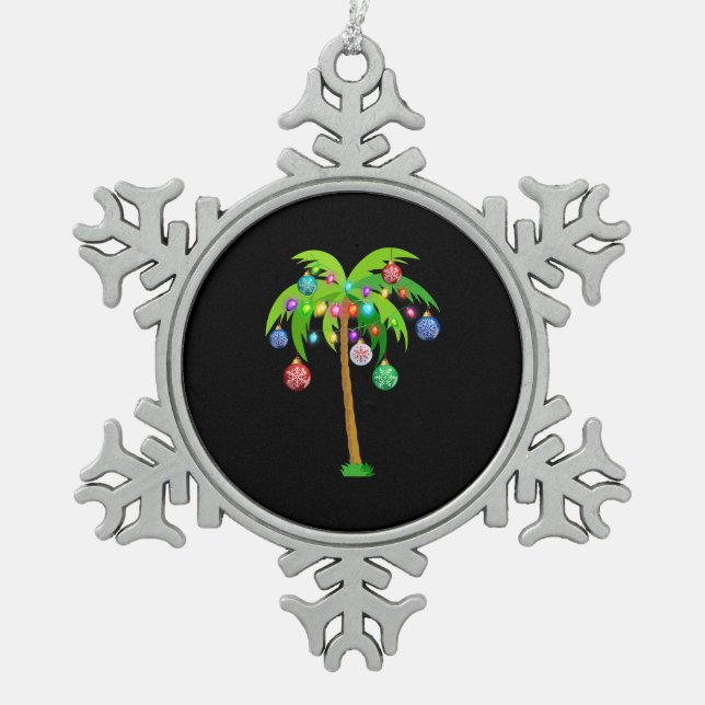 Palm Tree Christmas Lights Funny Beach Summer Snowflake Pewter Christmas Ornament (Front)