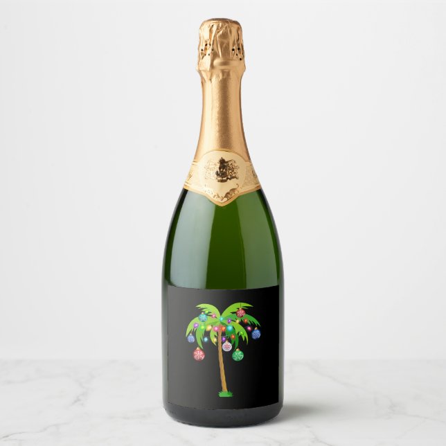 Palm Tree Christmas Lights Funny Beach Summer Sparkling Wine Label (Front)