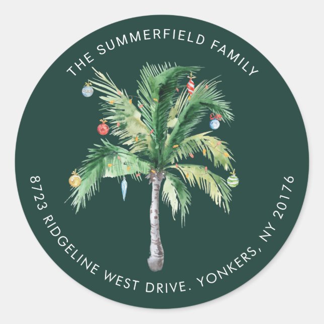 Palm Tree Coastal Christmas Return Address Classic Round Sticker (Front)
