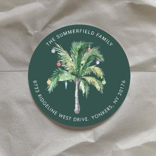 Palm Tree Coastal Christmas Return Address Classic Round Sticker