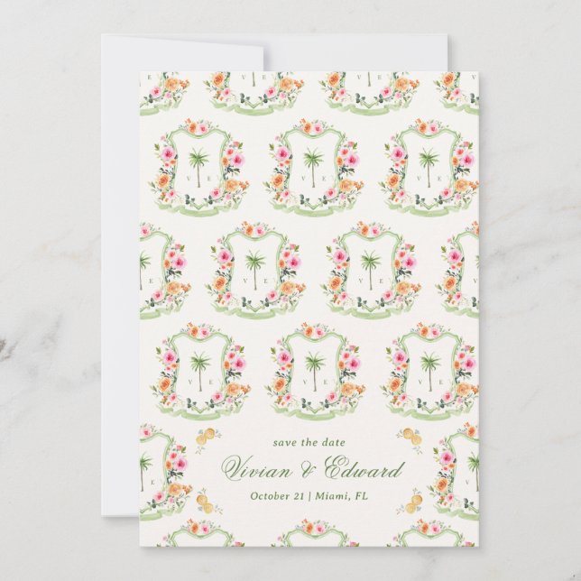 Palm Tree Crest Monogram Summer Boho Beach Wedding Save The Date (Front)