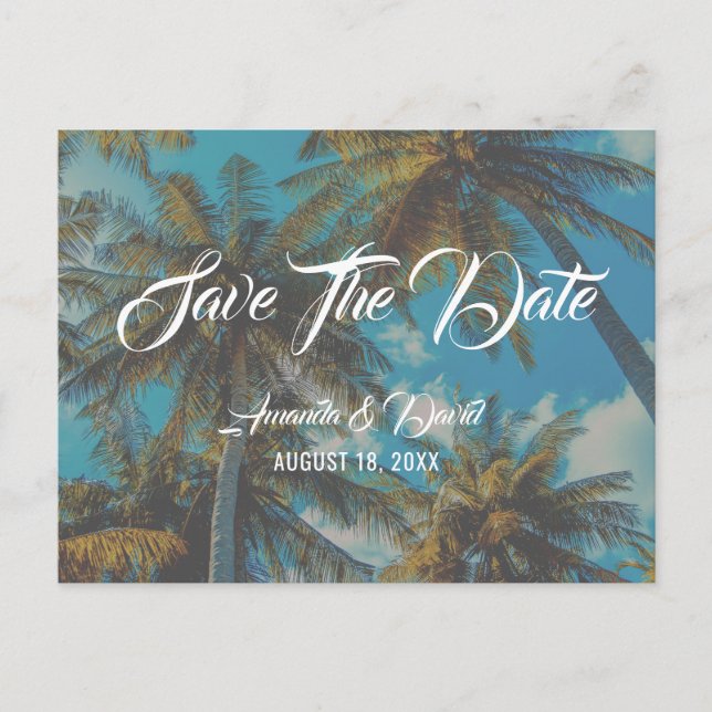 Palm Tree Destination Beach Wedding Save The Date Announcement Postcard (Front)