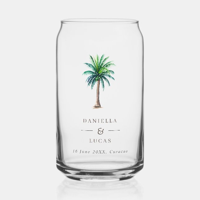 Palm Tree Destination Wedding Names & Date Can Glass (Front)