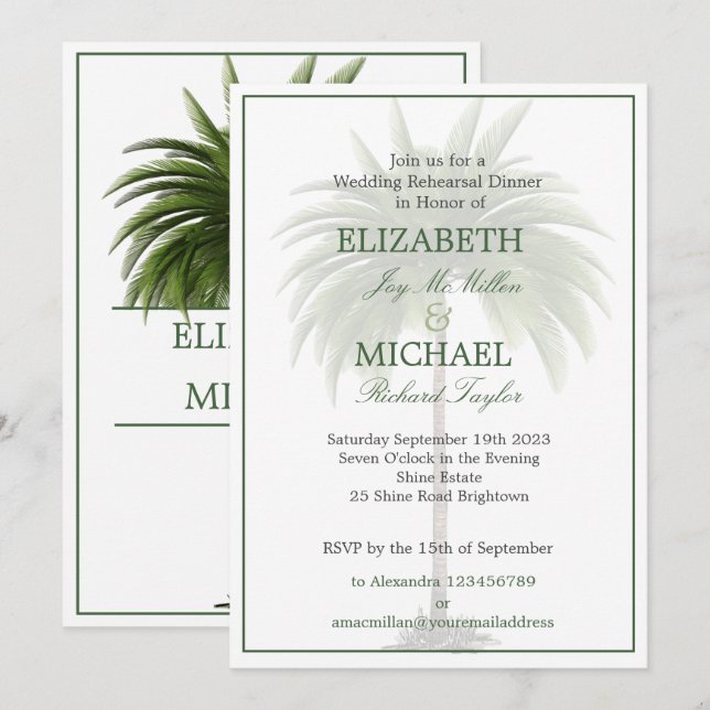 Palm Tree Elegant Wedding  Modern Chic Rehearsal Invitation (Front/Back)