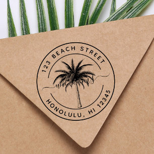 Palm Tree Family Name Round Return Address Self-inking Stamp