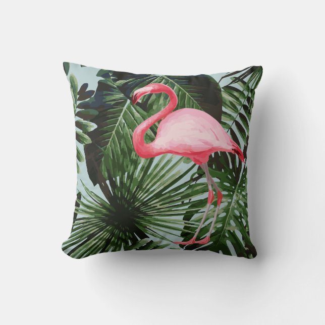 Palm Tree Flamant rose Tropical Coussin bleu (Recto)