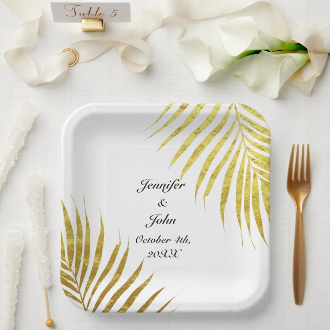 Palm Tree Foliage Gold Foil Leaves Cool Weddings Paper Plate (Wedding)