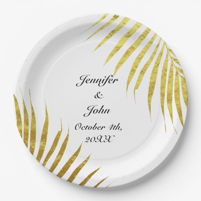 Palm Tree Foliage Gold Foil Leaves Cute Weddings  Paper Plate (Front)