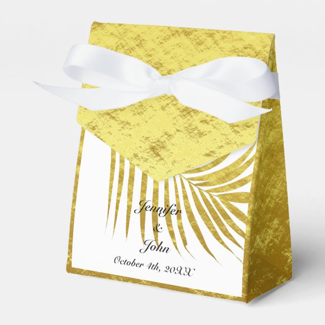 Palm Tree Foliage Gold Foil Leaves Wedding White Favor Box (Front Side)
