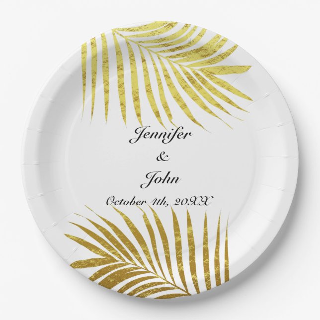 Palm Tree Foliage Gold Foil Leaves Wedding White Paper Plate (Front)
