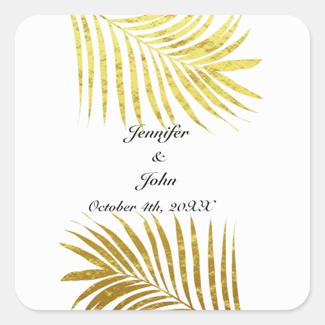 Palm Tree Foliage Gold Foil Leaves Wedding White Square Sticker (Front)
