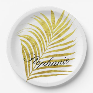 Palm Tree Gold Foil Leaves Name Unique Glittery Paper Plate
