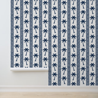 Palm Tree Greek Key Stripe – Navy Coastal Preppy Wallpaper