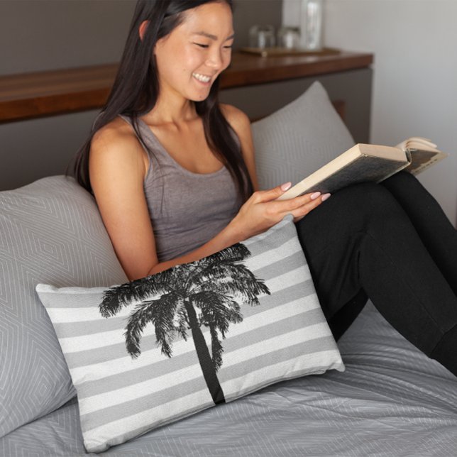 Palm Tree Grey Striped Tropical Exotic Designer Accent Pillow (Creator Uploaded)