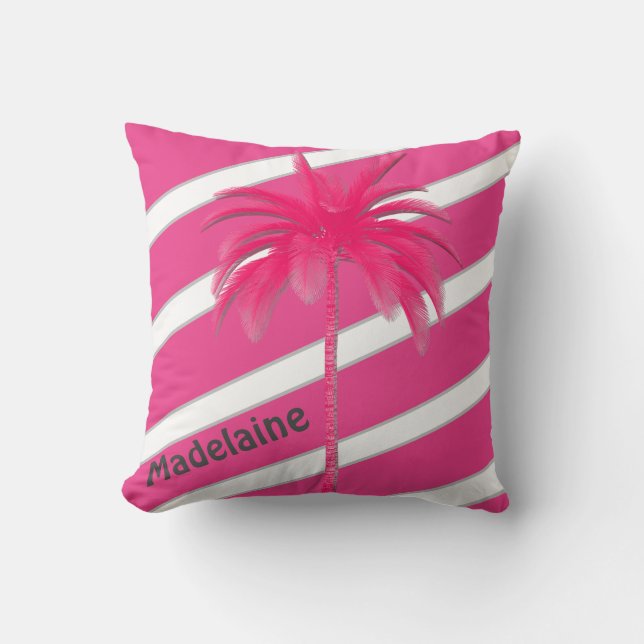 Palm Tree Hot Pink Stripe Personal Throw Pillow (Front)