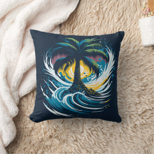 Palm tree in painting style with sea wave throw pillow