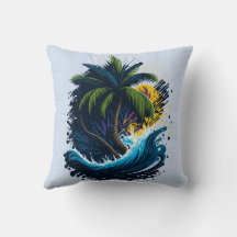 Palm tree in painting style with sea wave