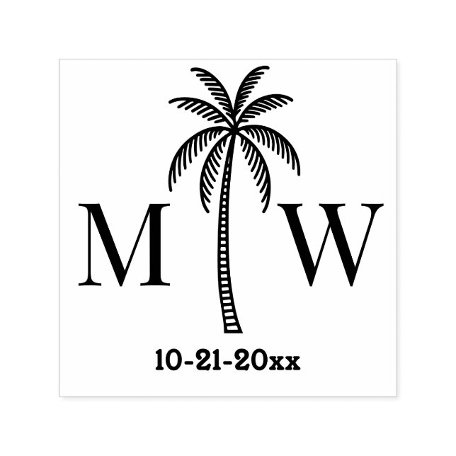 Palm Tree Initial Couple Wedding Monogram Date #5 Self-inking Stamp (Design)