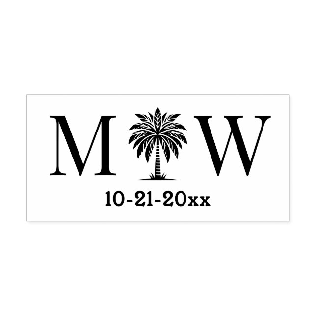 Palm Tree Initial Couple Wedding Monogram Date #6 Self-inking Stamp (Design)