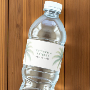 Palm Tree Island Destination Green Wedding Water Bottle Label