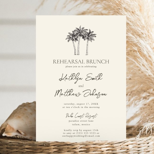 Palm Tree Ivory Minimalist Rehearsal Brunch Invitation (Creator Uploaded)