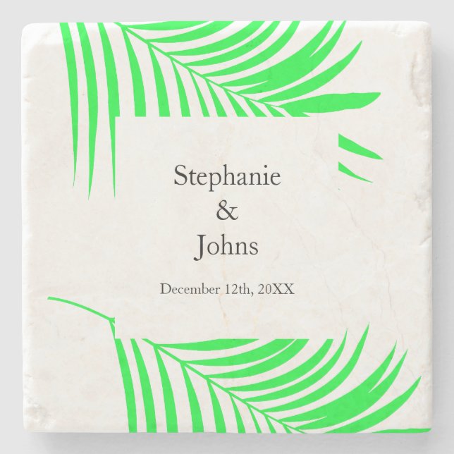 Palm Tree Leaf Green Leaves Elegant Wedding Stone Coaster (Front)