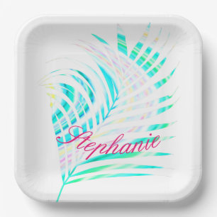 Palm Tree Leaf Patterns Tropical Multicolor Name Paper Plate