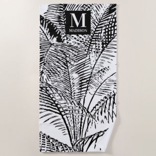 Palm Tree Leaves Black & White Abstract Monogram  Beach Towel