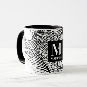 Palm Tree Leaves Black & White Abstract Monogram  Mug
