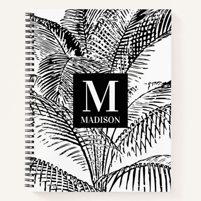 Palm Tree Leaves Black & White Abstract Monogram  Notebook (Front)