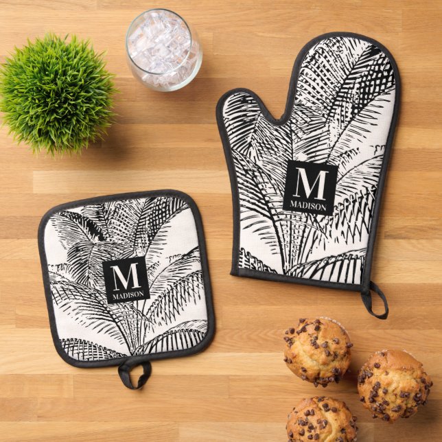 Palm Tree Leaves Black & White Abstract Monogram Oven Mitt & Pot Holder Set (Top Down)
