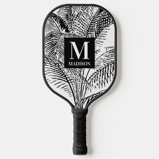 Palm Tree Leaves Black & White Abstract Monogram Pickleball Paddle (Front)