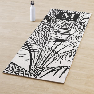Palm Tree Leaves Black & White Abstract Monogram   Yoga Mat