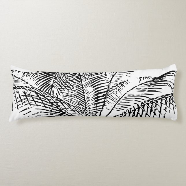 Palm Tree Leaves Black & White Abstract Pattern Body Pillow (Front)