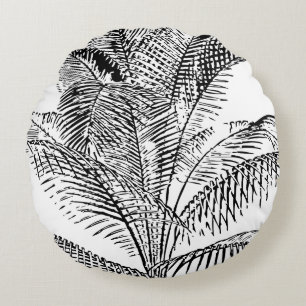 Palm Tree Leaves Black & White Abstract Pattern  Round Pillow