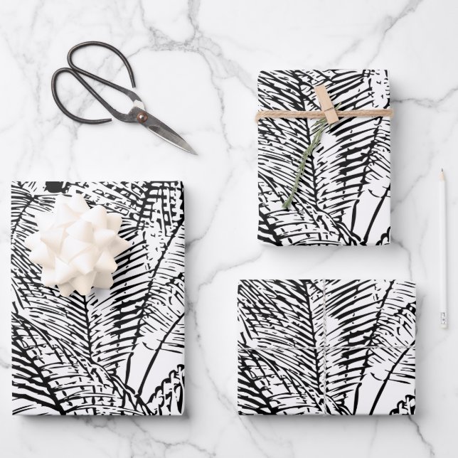 Palm Tree Leaves Black & White Abstract Pattern  Wrapping Paper Sheet (Front)