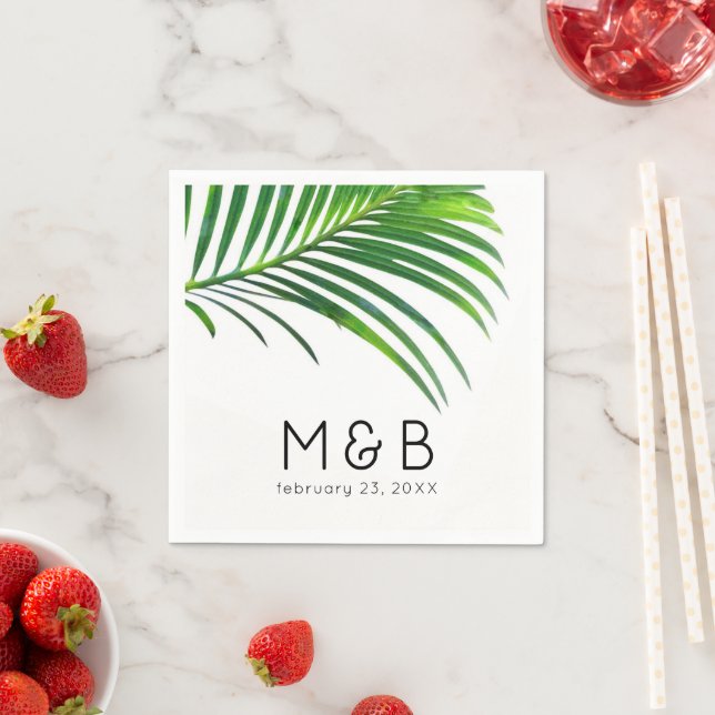 Palm Tree Leaves Tropical Leaf Wedding Monogram Napkin (Insitu)